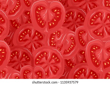 Seamless pattern with tomatoes in a cut. Vector flat color illustration. Vegetable texture for wallpaper, design of sites and your design