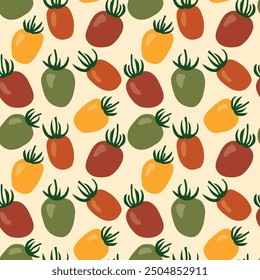 seamless pattern with tomatoes from farmer's market; great for kitchen textiles, packaging design, recipe cards or digital backgrounds for cooking blogs and websites - vector illustration