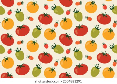 seamless pattern with tomatoes from farmer's market; great for kitchen textiles, packaging design, recipe cards or digital backgrounds for cooking blogs and websites - vector illustration