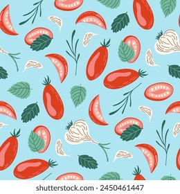 Seamless pattern of tomatoes, garlic, basil and herbs on blue backdrop. Background with fresh vegetables. Ingredients for making sun-dried tomatoes. Flat style hand drawn vector illustration.
