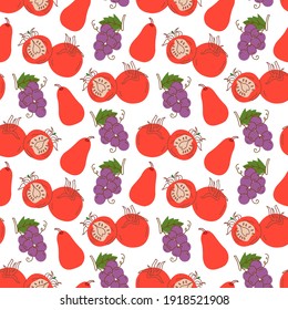 Seamless pattern with tomatoes, grapes, guava on a white background. Vector illustration of ingredients for food background in a flat doodle style.