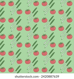 seamless pattern with tomatoes and green garlic vector design cute pastel colour 