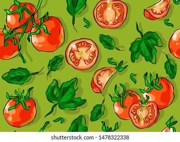 Seamless pattern with tomatoes, harvest, leaves