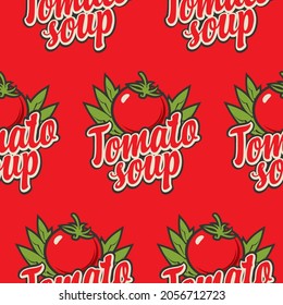 Seamless pattern with tomatoes and inscriptions Tomato soup in a flat style on a red backdrop. Vector repeating background for condensed tomato soup. Suitable for branded wrapping paper