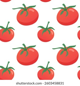 Seamless pattern with tomatoes with leaves cartoon flat style. Background for menu, paper, supermarket, farm shop, textile.