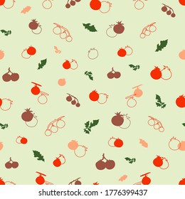 Seamless pattern with tomatoes and leaves. Hand drawn vegetables. Fresh ripe vegetarian food. Harvest. Red and pink tomatoes background. Vector illustration 