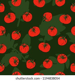 Seamless pattern with tomatoes and leaves on green background. Vector. Illustration