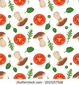 Seamless pattern with tomatoes, mushrooms, arugula and spinach leaves. Healthy vegan food. Red vegetable on white background for textiles, wrapping paper and design