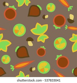Seamless pattern with tomatoes,  mushrooms, basil, parsley in flat style. Wallpaper design with vegetarian food ingredients. For pizzeria, restaurant ad, logo design, delivery service