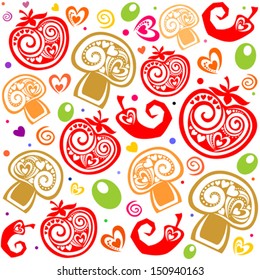 Seamless pattern  with tomatoes, mushrooms, olives, chilli. Vector Illustration 
