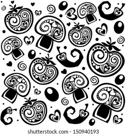 Seamless pattern  with tomatoes, mushrooms, olives, chilli. Vector Illustration 