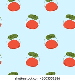 Seamless pattern with tomatoes on blue background. Continuous one line drawing tomato. Black line art on blue background with colorful spots. Vegan concept