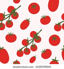 Padrão sem emenda com tomates em ramos. Ilustração de vetor plano com legumes vermelhos sobre fundo branco.