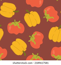 Seamless pattern with tomatoes and peppers  on a red background. Vector illustration in flat style. Vegetables design for fabric ow wrapping paper.