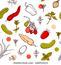 Seamless pattern with tomatoes, peppers, onions, cucumbers, basil, dill, thyme. Background with vegetables and spicy herbs. Hand drawn. Vector illustration.