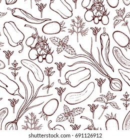 Seamless pattern with tomatoes, peppers, onions, cucumbers, basil, dill, thyme. Background with vegetables and spicy herbs. Hand drawn. Vector illustration.