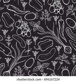 Seamless pattern with tomatoes, peppers, onions, cucumbers, basil, dill, thyme. Background with vegetables and spicy herbs. Hand drawn. Vector illustration.