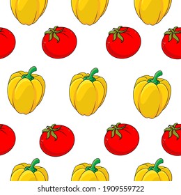 Seamless pattern with tomatoes and peppers, vector illustration