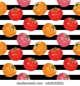 Seamless pattern with tomatoes. Ripe red, pink and yellow tomatoes on a black horizontal stripes. Wallpaper, print, wrapping paper, modern textile design. Vector illustration.