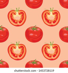 Seamless pattern with tomatoes. Ripe and red tomato. Wallpaper, print, wrapping paper, modern textile design, promotional material. Vector illustration.