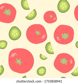 seamless pattern with tomatoes and sliced cucumbers. fresh green vegetables. Modern design for packaging, paper, fabric. print for clothes