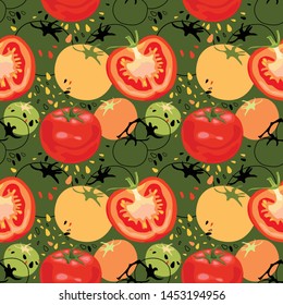 Seamless pattern with tomatoes. Stylized ripe tomatoes. Half a red tomato. Wallpaper, print, modern design of textiles, wrapping paper, promotional material. Vector illustration.