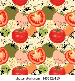 Seamless pattern with tomatoes. Stylized ripe tomatoes. Half a red tomato. Wallpaper, print, modern design of textiles, wrapping paper, promotional material. Vector illustration.