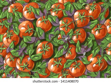 Seamless pattern with tomatoes, tomato bushes, leaves, vegetables, vegetarianism, vegan, seasonal harvest 