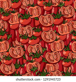 Seamless pattern with tomatoes and tomato slices. Endless pattern with vegetables