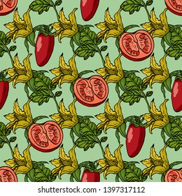 Seamless pattern with tomatoes, tomato slices, flowers and leaves. Colorful endless texture with fresh vegetables on light green background for your design