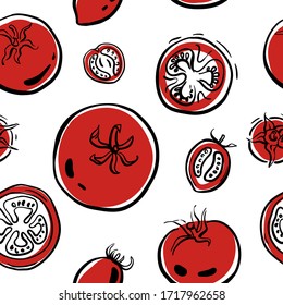 Patrón inoxidable con tomates y rodajas de tomate. Dibujo colorido de verduras y hierbas sanas aisladas en fondo blanco. Ilustración vectorial dibujada a mano