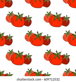 Seamless pattern with tomatoes. Vector illustration for design of a banner or wallpaper.