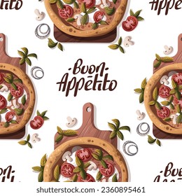 Seamless pattern with tomatos and mozzarella on the wooden board. Italian food, healthy eating, cooking, recipes, restaurant menu concept. Vector illustration.
