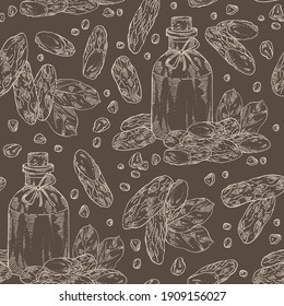 Seamless pattern with tonka beans and bottle of tonka beans essential oil. Dipteryx odorata.Cosmetic, perfumery and medical plant. Vector hand drawn illustration.