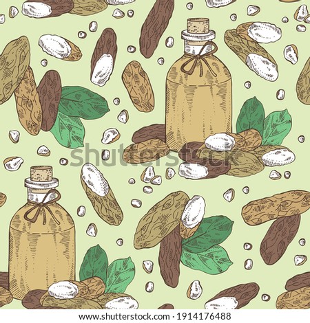 Seamless pattern with tonka beans and bottle of tonka beans essential oil. Dipteryx odorata.Cosmetic, perfumery and medical plant. Vector hand drawn illustration.