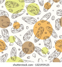 Seamless pattern with tonka beans: tonka fruit, beans and leaves. Dipteryx odorata. Cosmetic, perfumery and medical plant. Vector hand drawn illustration