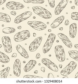 Seamless pattern with tonka beans: tonka fruit, beans and leaves. Dipteryx odorata. Cosmetic, perfumery and medical plant. Vector hand drawn illustration