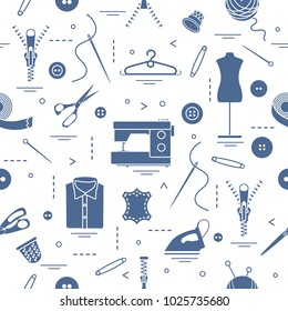 Seamless pattern with tools and accessories for sewing. Template for design, fabric, print.