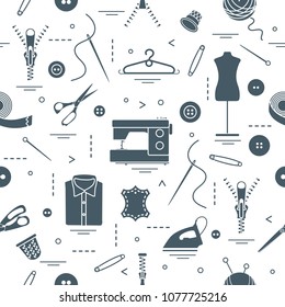 Seamless pattern with tools and accessories for sewing. Template for design, fabric, print.