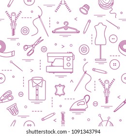 Seamless pattern with tools and accessories for sewing. Template for design, fabric, print.