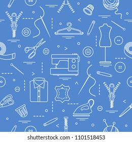 Seamless pattern with tools and accessories for sewing. Template for design, fabric, print.