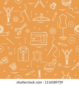 Seamless pattern with tools and accessories for sewing. Template for design, fabric, print.