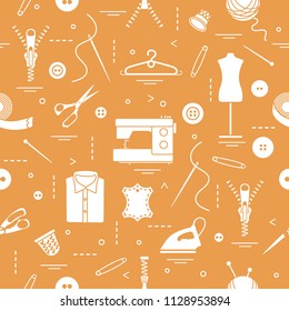 Seamless pattern with tools and accessories for sewing. Template for design, fabric, print.