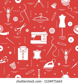 Seamless pattern with tools and accessories for sewing. Template for design, fabric, print.