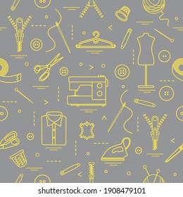 Seamless pattern with tools and accessories for sewing. Template for design, fabric, print. Illuminating and Ultimate Gray.