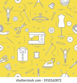 Seamless pattern with tools and accessories for sewing. Template for design, fabric, print. Illuminating and Ultimate Gray.