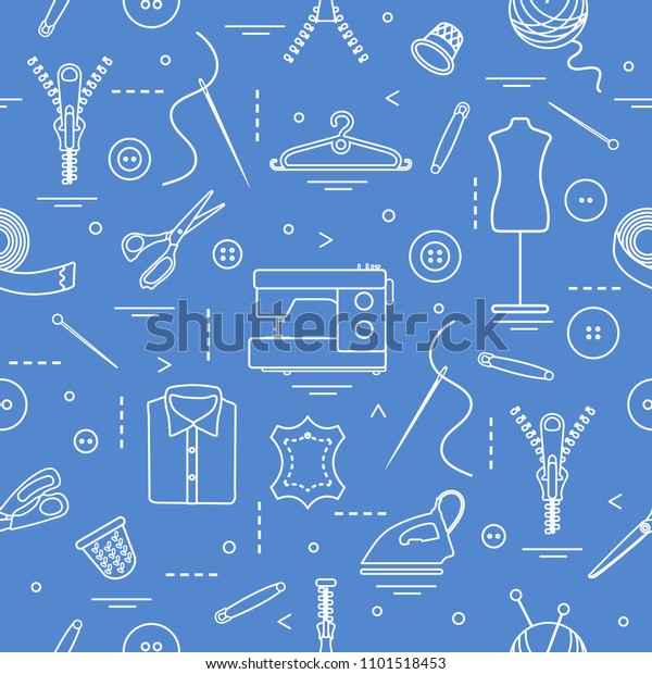 Seamless pattern with tools and\
accessories for sewing. Template for design, fabric,\
print.