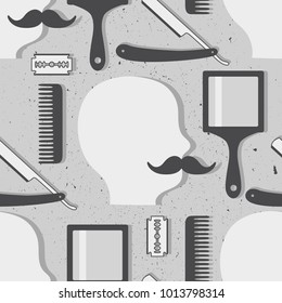 Seamless pattern with tools for barber shop, hand drawn backdrop. Shaving accessories collection. Decorative wallpaper, good for printing. Overlapping background for male salon
