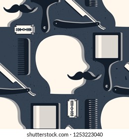 Seamless pattern with tools for barber shop, hand drawn backdrop. Shaving accessories collection. Decorative wallpaper, good for printing. Overlapping background for male salon