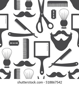 Seamless pattern with tools for barber shop, hand drawn icons. Black and white elements, shaving accessories collection. Decorative wallpaper, good for printing. Design background